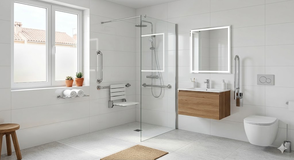 Baño adaptado con barras de apoyo