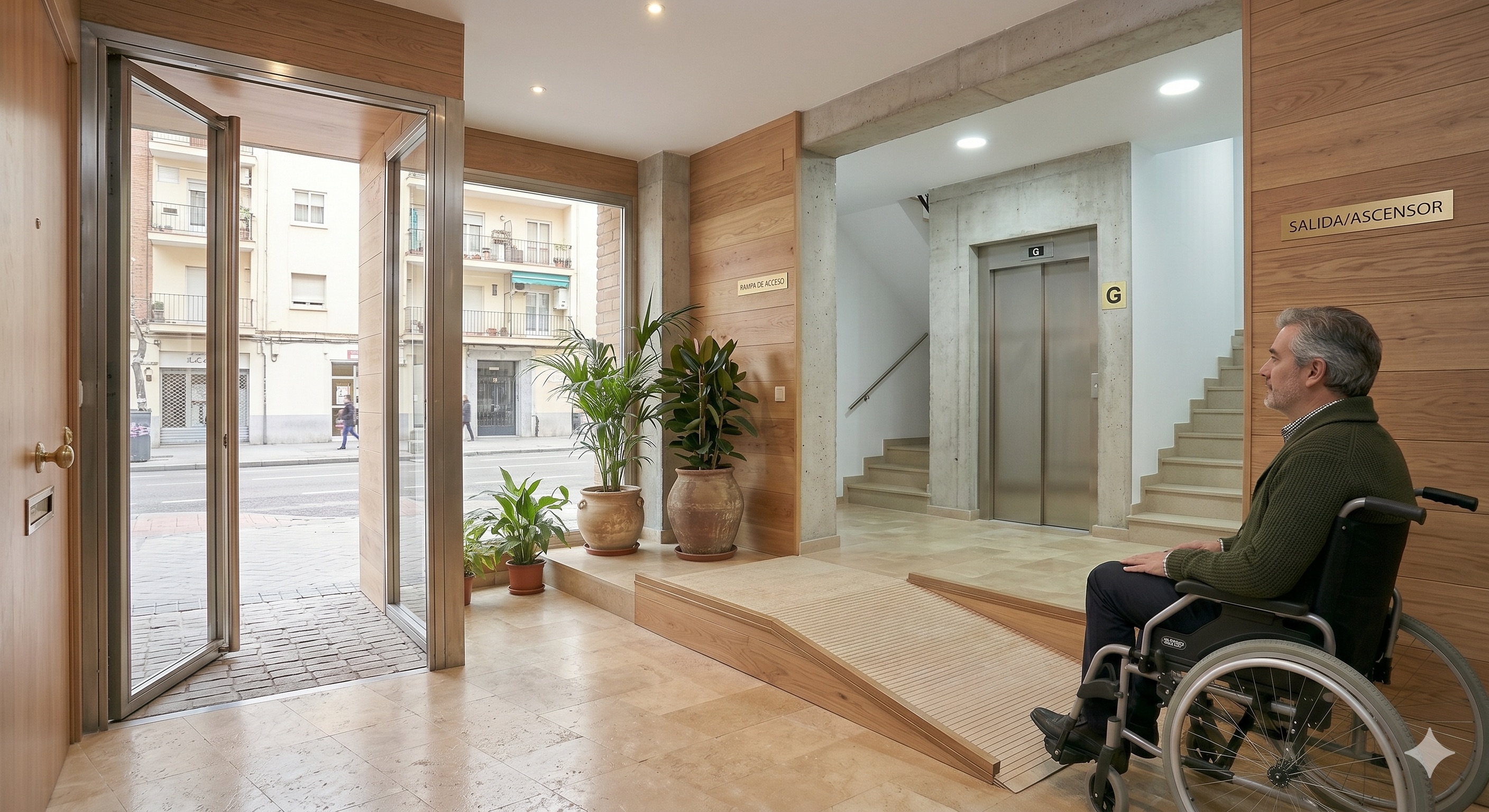 Portal accesible con rampa y ascensor
