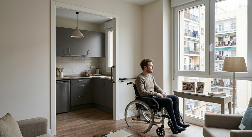 Persona en silla de ruedas en hogar adaptado